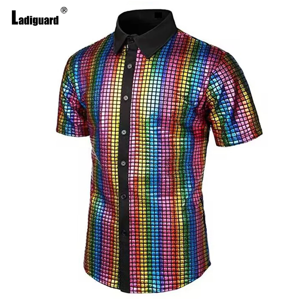 2025 America and Europe Fashion Dance Shirts Men Short Sleeve Basic Tops Vintage Stripes Blouse Lepal Collar shirt blusas hommes