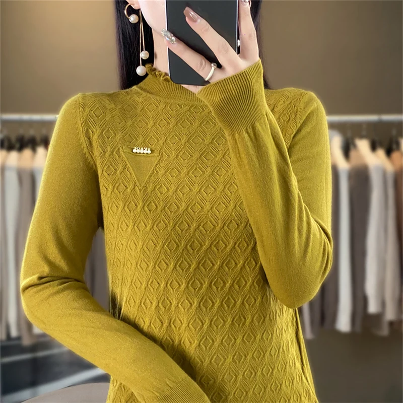 Women's boutique semi high neck sweater autumn and winter knitted cashmere sweater Women's solid color pullover long sleeved top