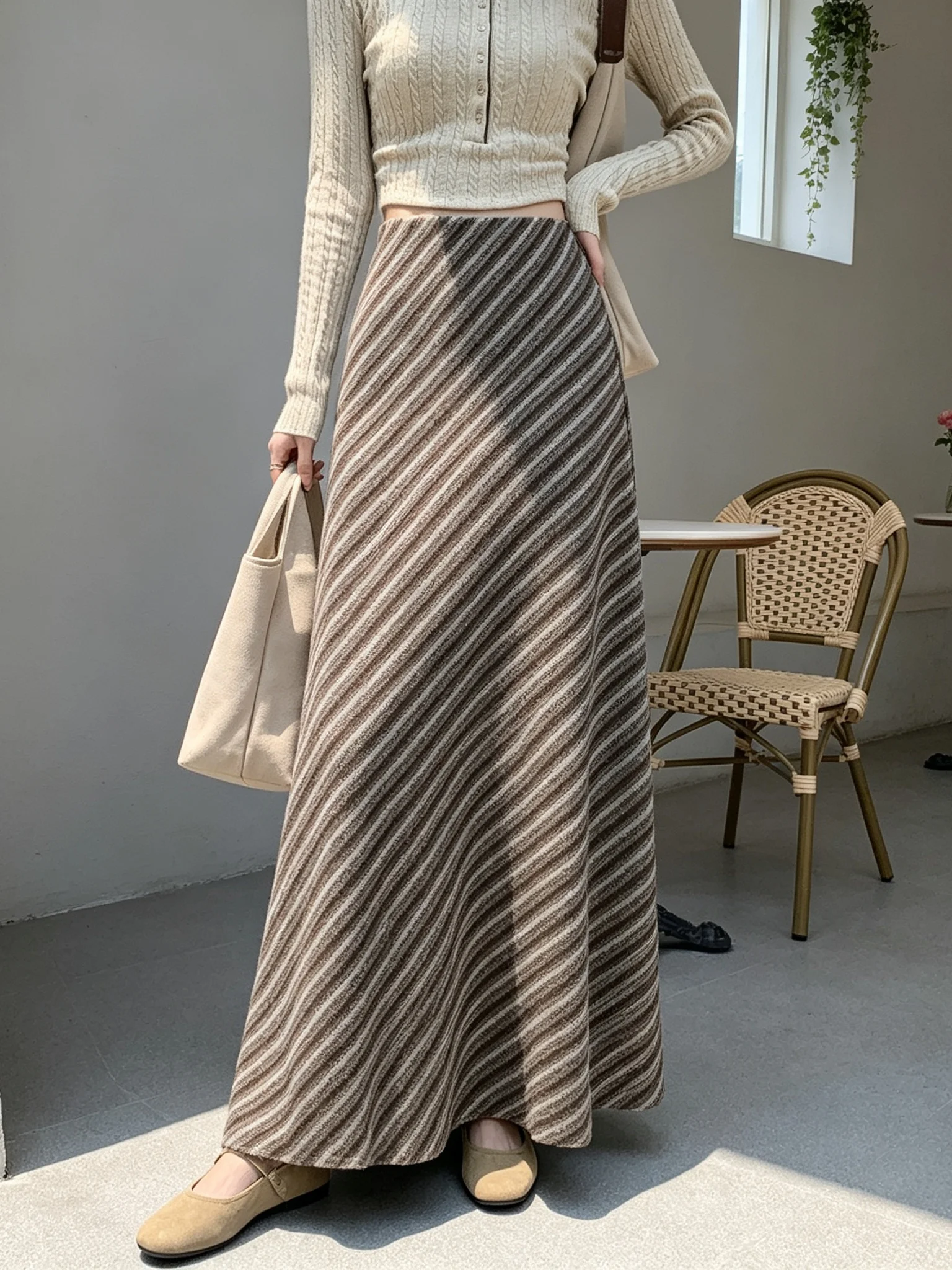 Trendy Diagonal Stripe High Waist Half-length Skirt Women's Autumn New Style Versatile Bodycon Long A-line Skirt Polyester Fiber