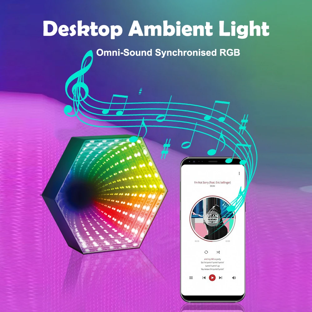 RGB 3D Hexagonal Mirror Tunnel Light LED Desktop Ambient Lamp Compute Game Music Rhythm Sync Pickup Lights Room Decoration