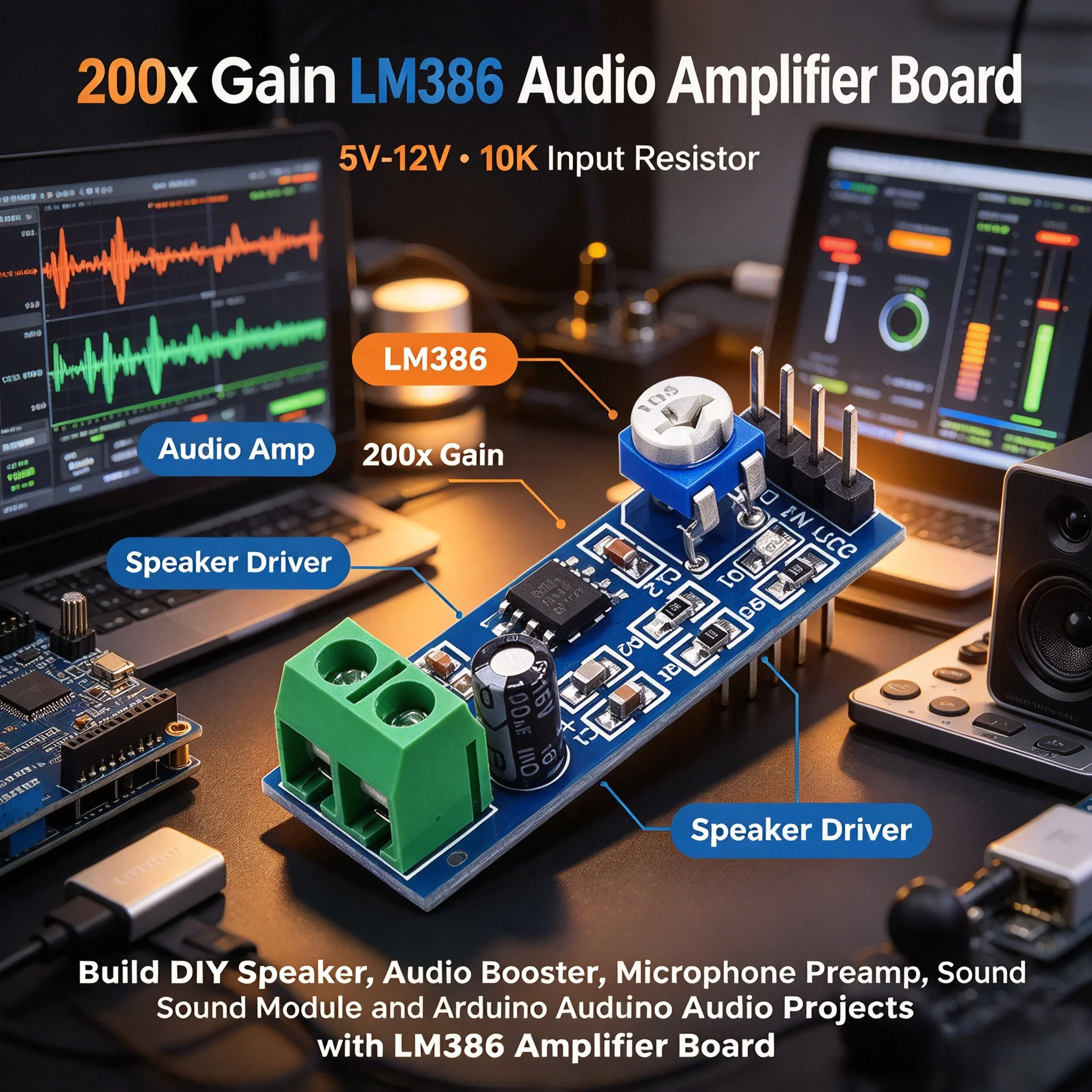 100Pcs LM386 Audio Amplifier Module 200x Gain 5V-12V 10K Input Resistor Board for Arduino DIY