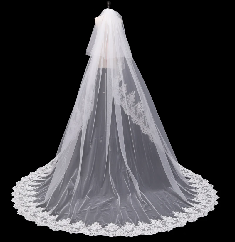 Bridal Wedding Extra Lange Trailing Kant Sluier Eenvoudige Kerk 2-Layer Sluier