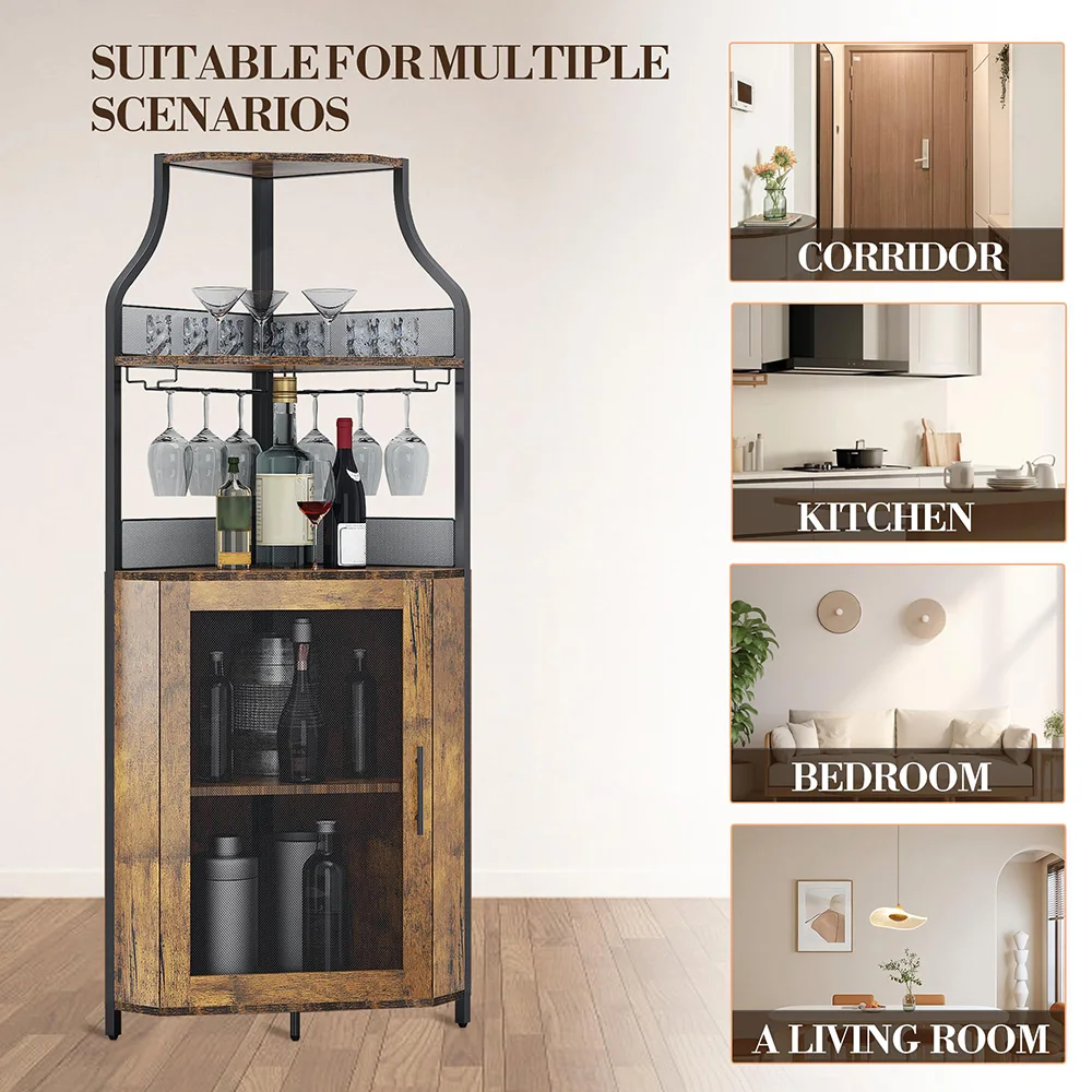 Eck-Weinbar-Schrank mit abnehmbarem Weinregal und Glashalter, kleines Sideboard, Buffetschrank mit Tür für die Küche zu Hause, in der Bar – Detail 4