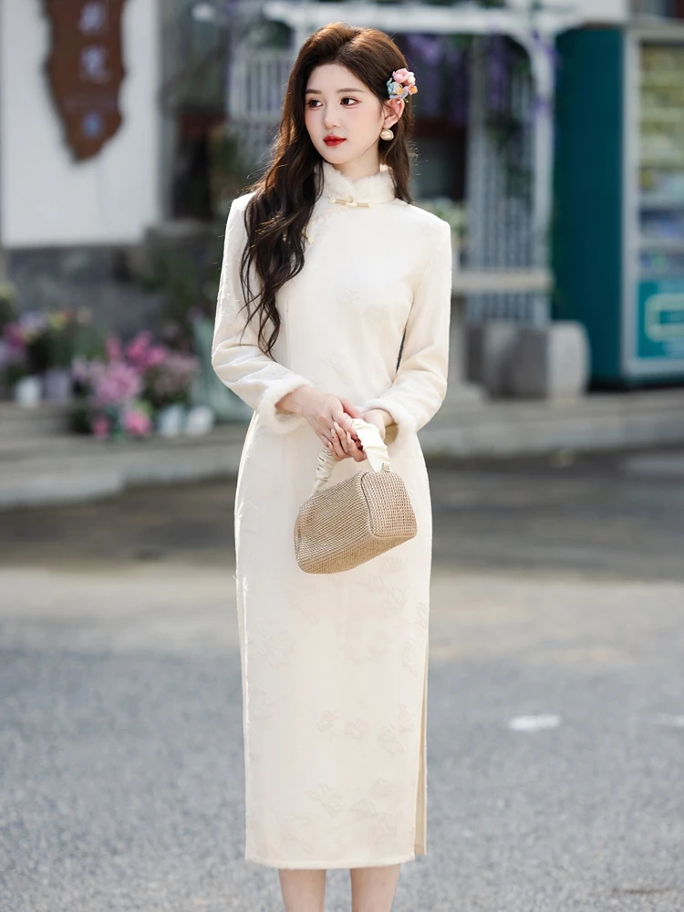 

Thiened Fce Long Sve Qipao Coat with Fur Collar Women's Winter Warm Clothing Pure Color Ele Sle Chinese Faion