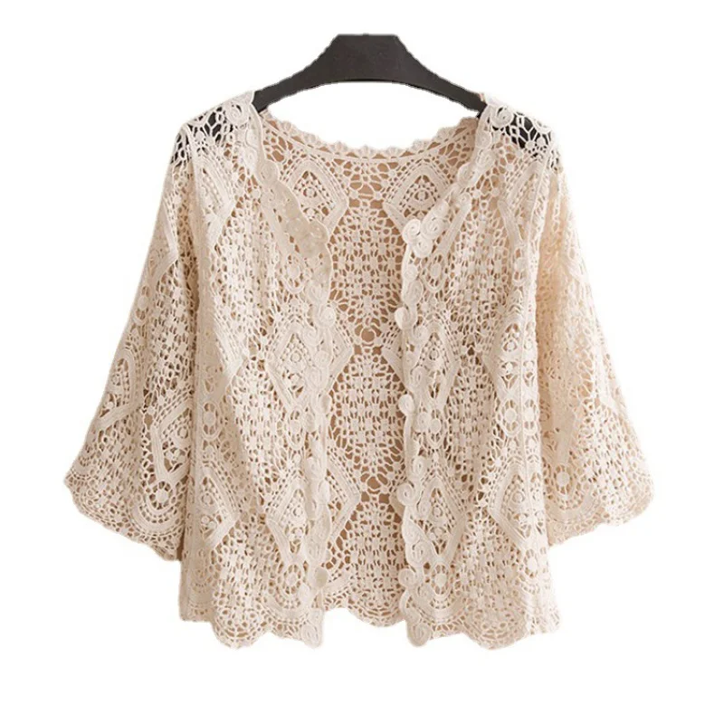 Summer Korean Style Thin Three-Quarter Sleeve Shawl Outer Match Lace Cardigan Small Hollow Sun Protection Clothing for Women