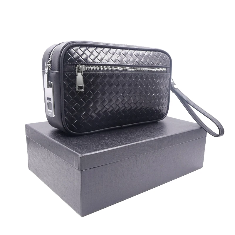 Lock Men Cowhide Leather Handbags Anti-theft Cash Long Men's Business Clutch Smart Fingerprint System