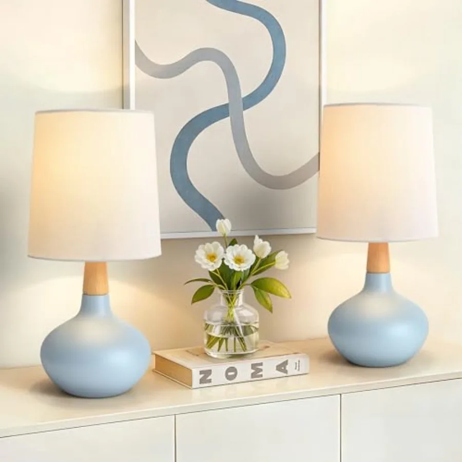 

14" Ceramic Table Lamp Set of 2 Small Bedside Lamp with Natural Wood Stem and Linen Shade Modern Farmhouse Night Lamp for Bedro