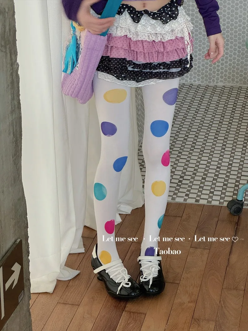 New Japanese Style Soft Girl Colorful Large Dot White Base Stockings Printed Pantyhose White Color Colorful Hosiery Cute Tights