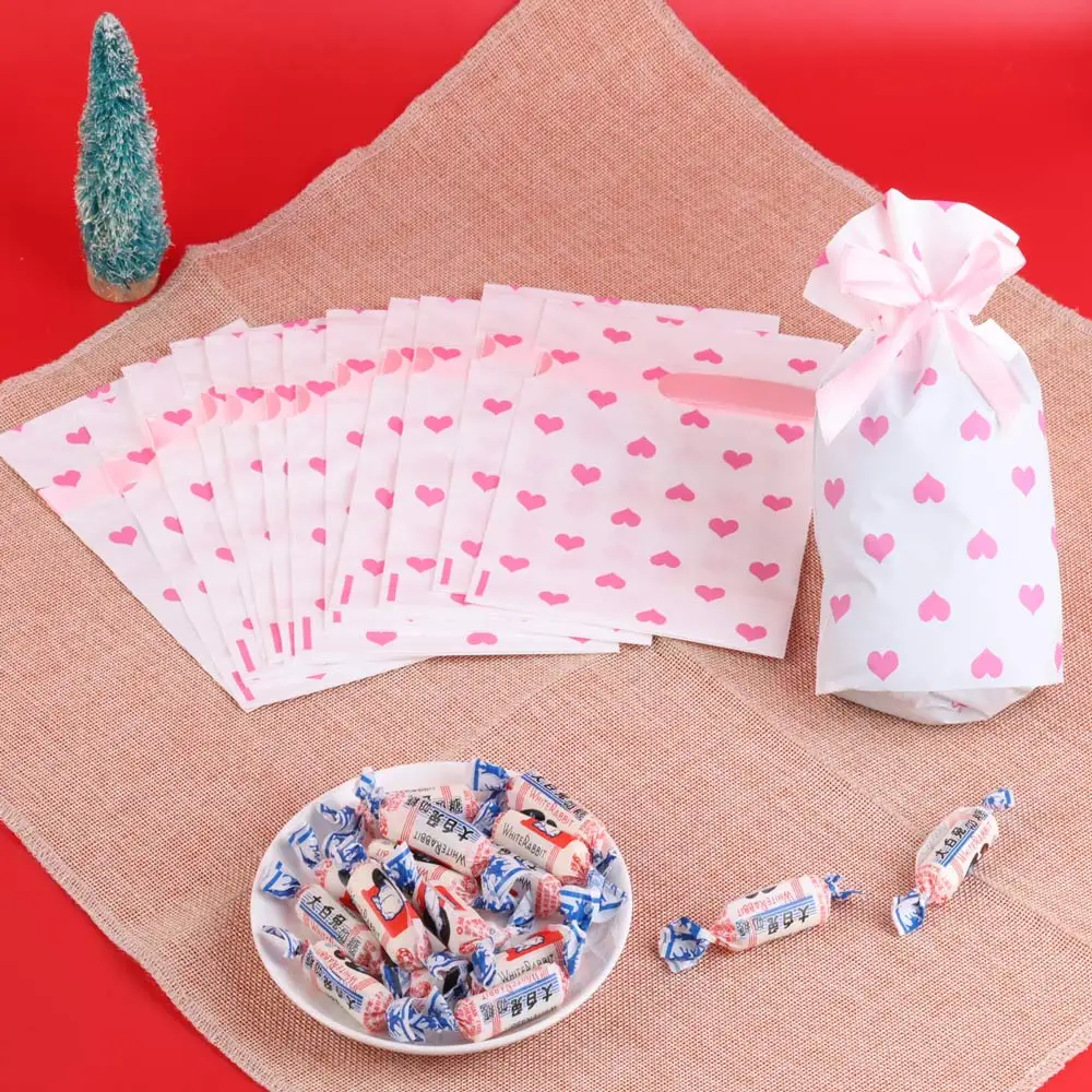 10/25pcs Heart Point Pattern Candy Packaging Bags Plastic Gifts Bag Party Wedding Christmas Bow Silk Candy Drawstring Pouches