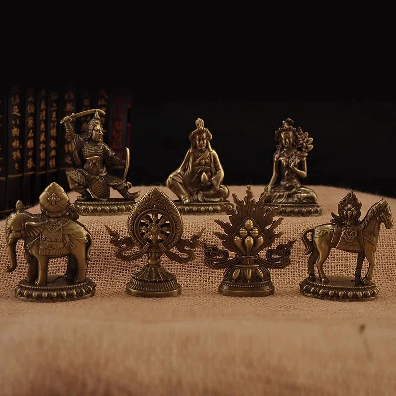 البوذية الكلاسيكية اللون البرونزي التانترا 7 قطعة الرموز الميمونة حساسة مذهب ملك العجلة سبعة كنوز لديكور المعبد