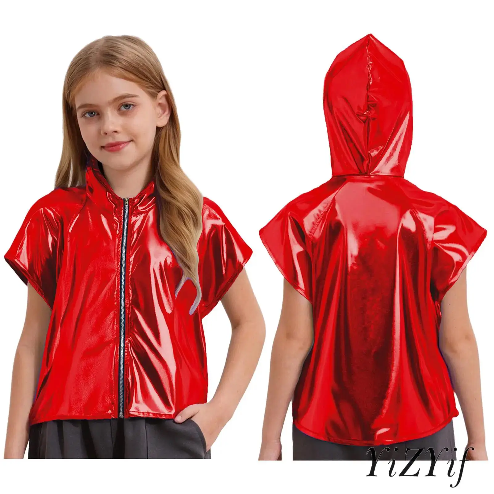 

Unisex Kids Metallic Hooded Hip Hop Jazz Dance Top Outfit Sleeveless Zipper Shiny Hoodie Fashion Outwear for Rock Music Festival