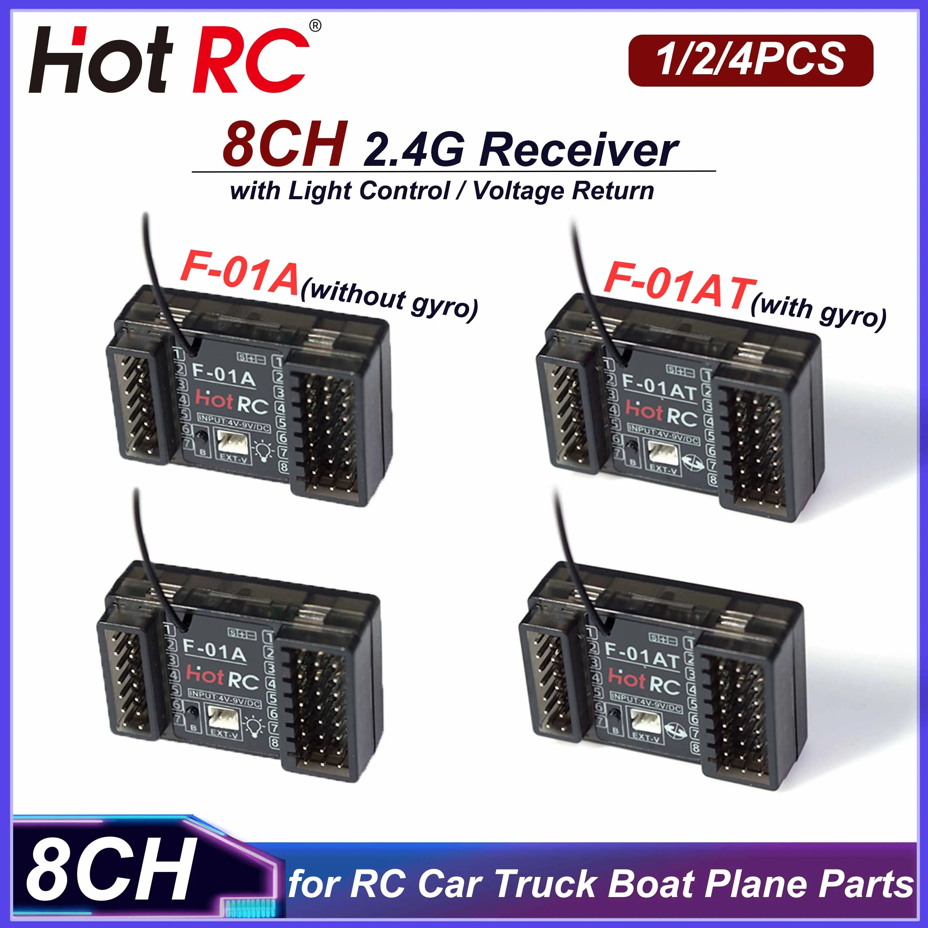 1/2/4PCS HOTRC 8CH 2.4G F-01A F-01AT Gyro Receiver with Light Control Voltage Return for RC Car Truck Boat Airplane Model Parts