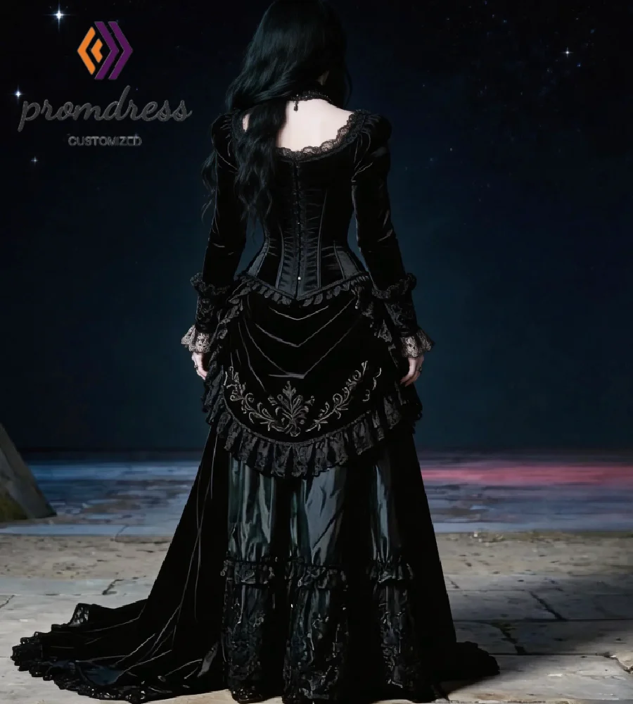Bustle Black Gothic Velvet Wedding Dress 2026 Vintage Long Sleeve Registry Office Medieval Bridal Dresses Renaissance Victorian