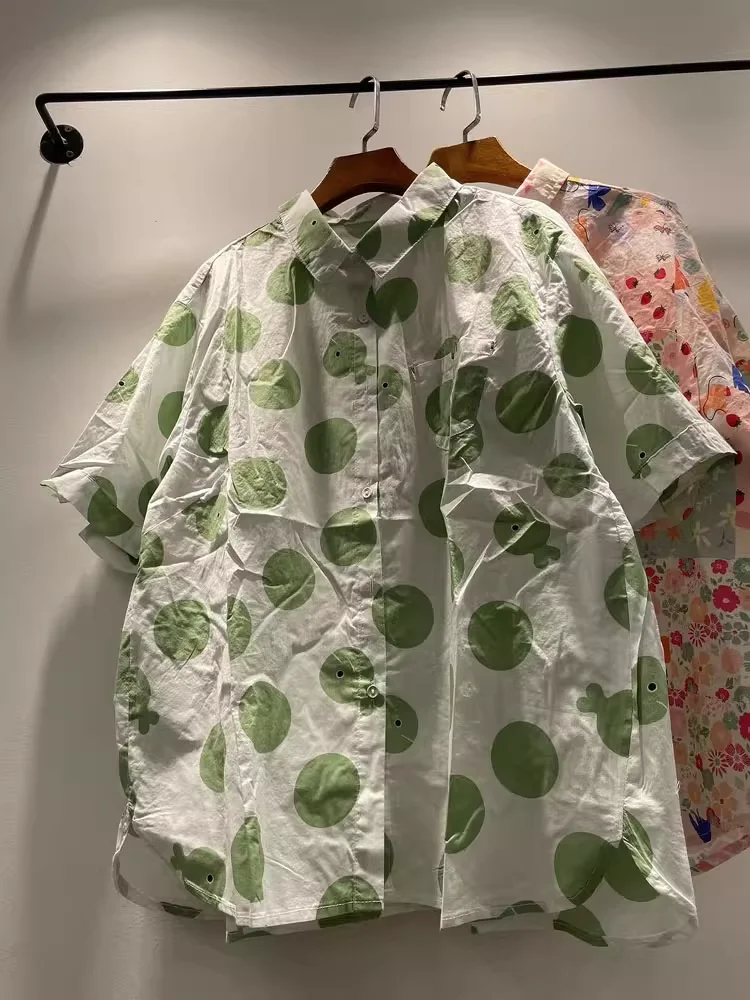 

100% Cotton oversized shirts for women summer Japan fashion original green polka dot print shirts short sleeve blouses