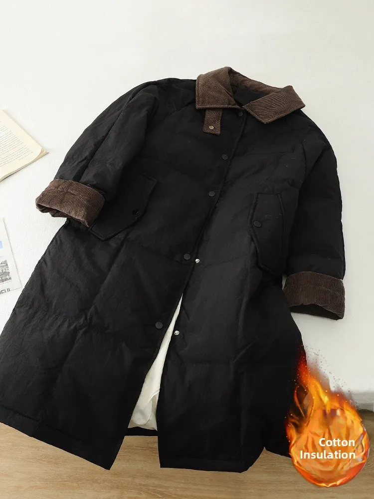 Damska kurtka puchowa z sztruksu, zimowa, luksusowa, luźna, średniej długości, ciepła, bawełniana, odzież wierzchnia, retro, długa, swobodna.