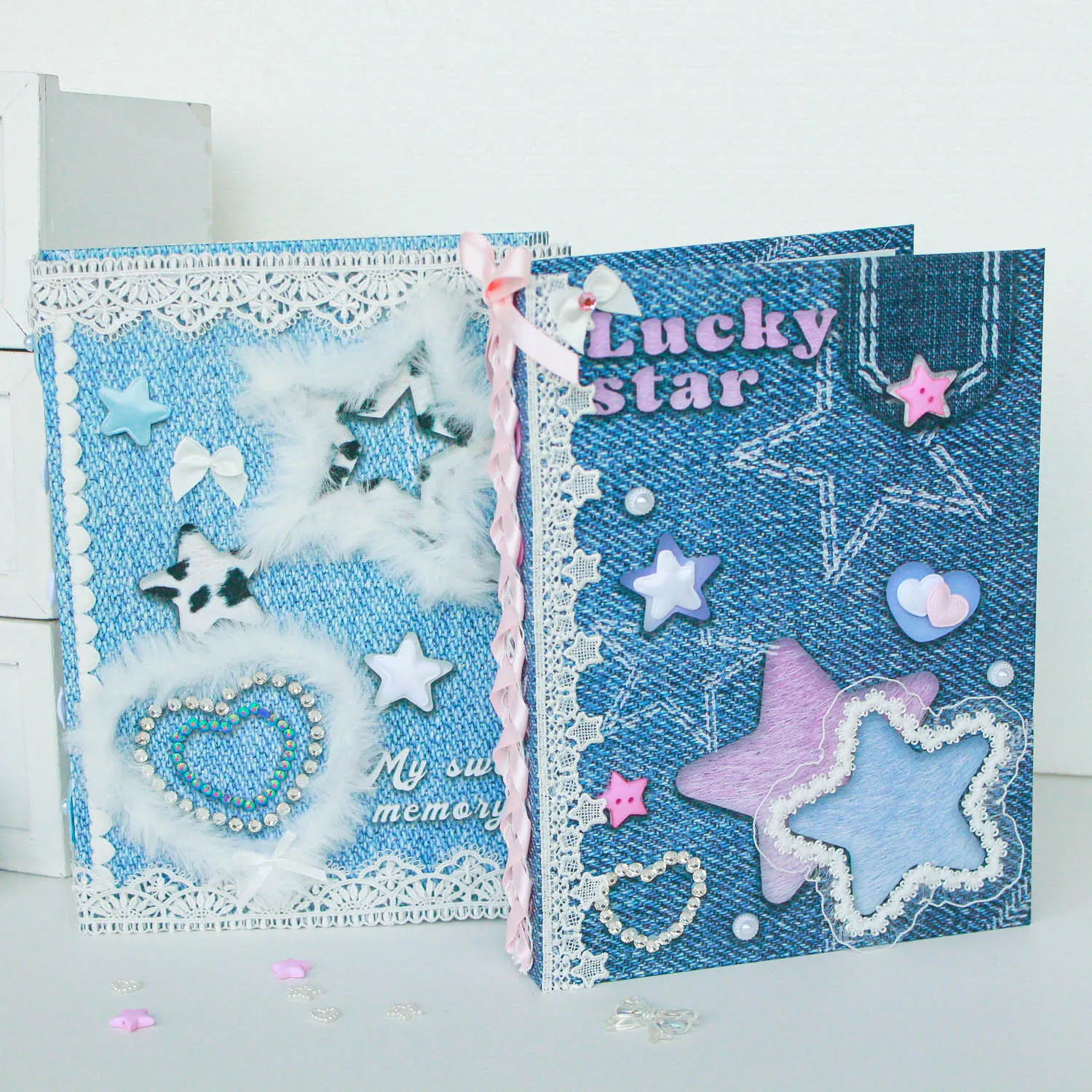 Imagem -02 - Kawaii Kpop Álbum com Chaveiro a5 Cartão Binder Denim Plush Jeans Fita Strass Decoração Handmade Picture Protector Design Original