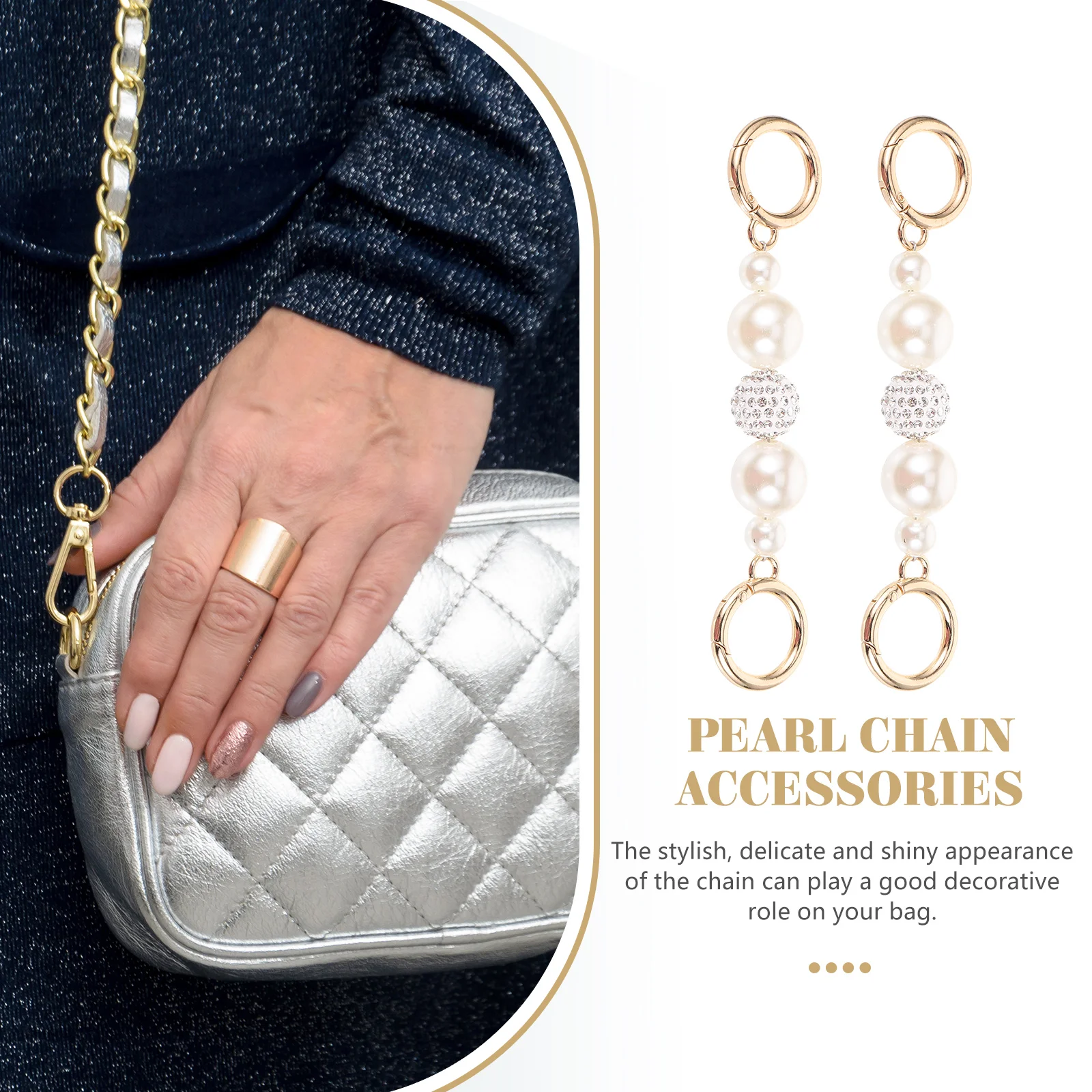2Pcs Pearl Bag Chain Shiny Detachable Replacement Strap for Handbag Clutch Purse DIY Decoration Chain Accessory