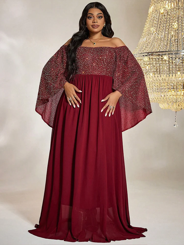 TOLEEN Women Plus Size Maxi Dresses Fashion Wine Red Sequin Chiffon Dress Bat Sleeve Line Neck Heavy Industry PROM Dress