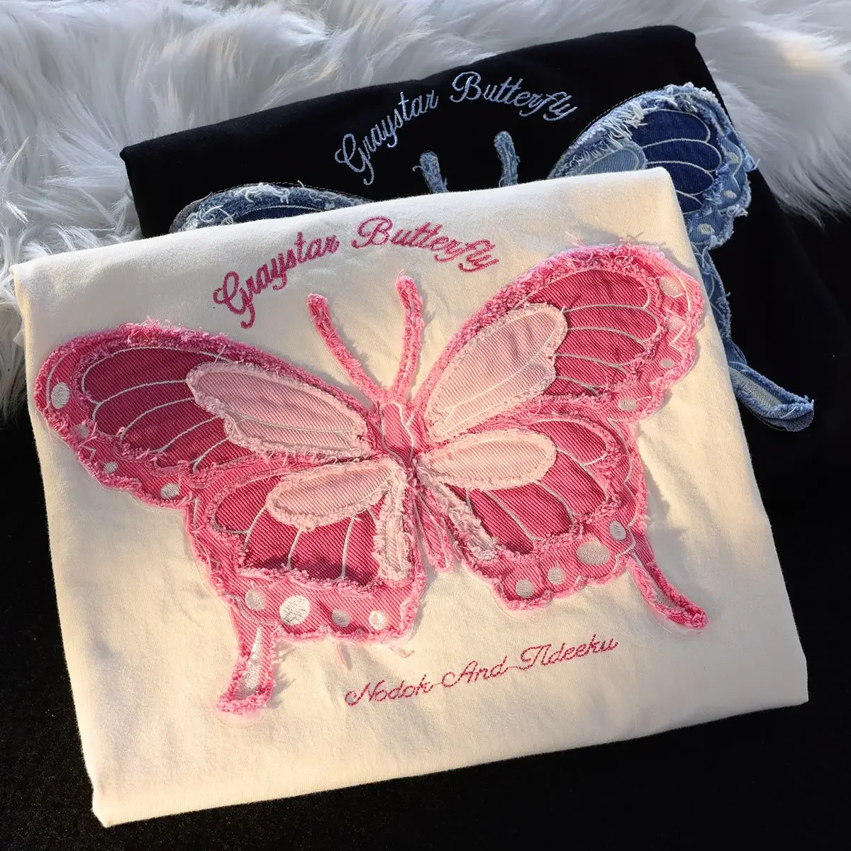Pure cotton milk system butterfly embroidery couples short sleeved T-shirt female summer ins versatile college wind on clothes