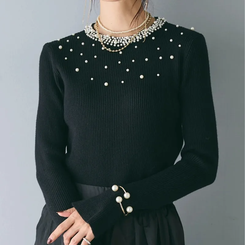 Peals Beading Black Flare Long Sleeve Knitted Bottoming Pullover Sweater Women New Autumn Winter Fashion Slim Base Knitwear Tops