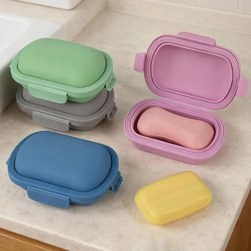 1pcs Portable Travel Silicone Soap Container Drain Hole Anti-spill Soap Dish Lightweight Wash Soap Storage Box Outdoor