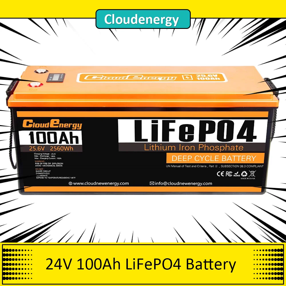 Cloudenergy 24V 100Ah LiFePO4 Battery Pack, 2560Wh Energy, 6000+ Cycles, Built-in 100A BMS, Support in Series/Parallel, Perfect