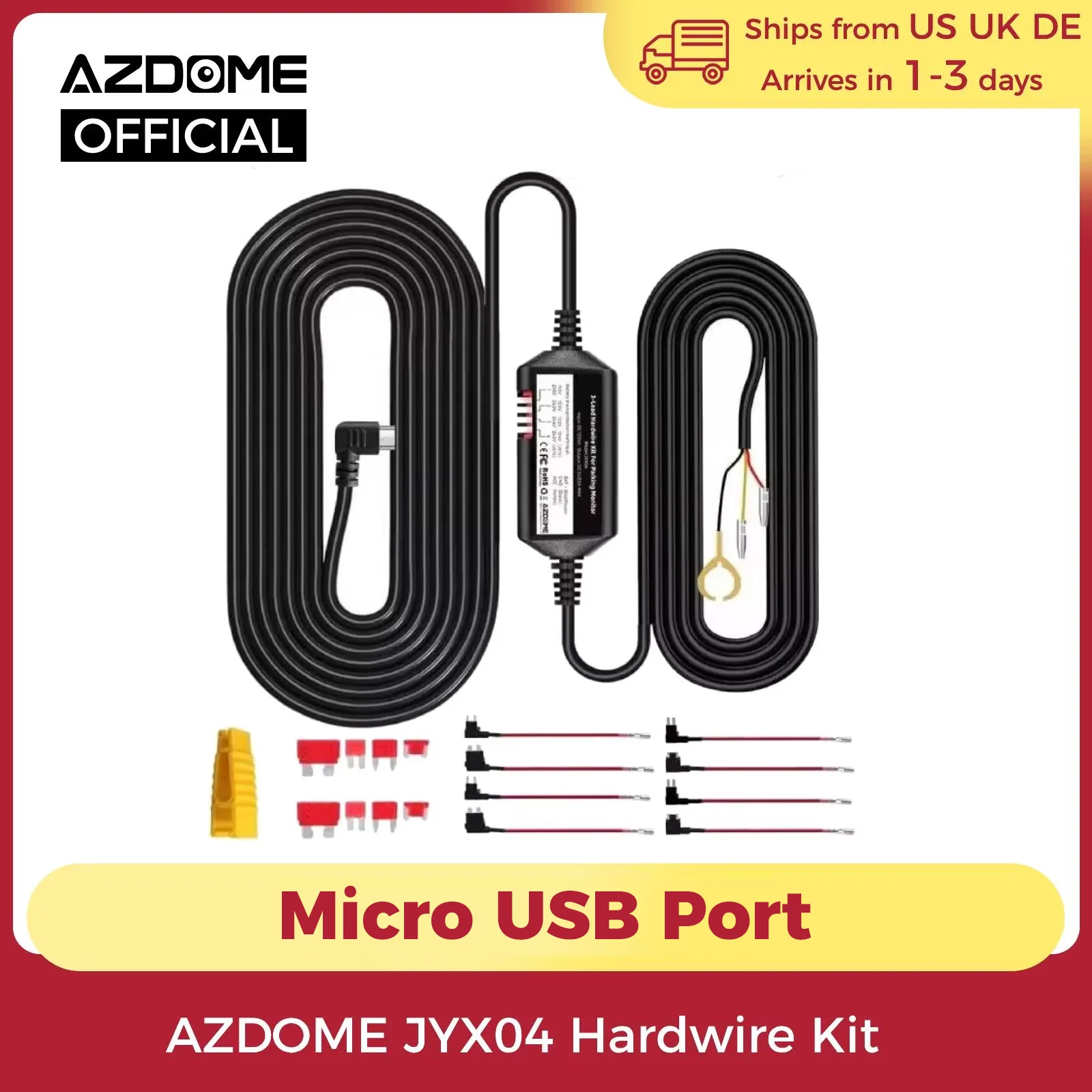 

AZDOME JYX04 Car DVR HardWire Kit For M300 Low Vol Protection Micro USB Port ACC Power Cable 12V-24V in 5V3A Out