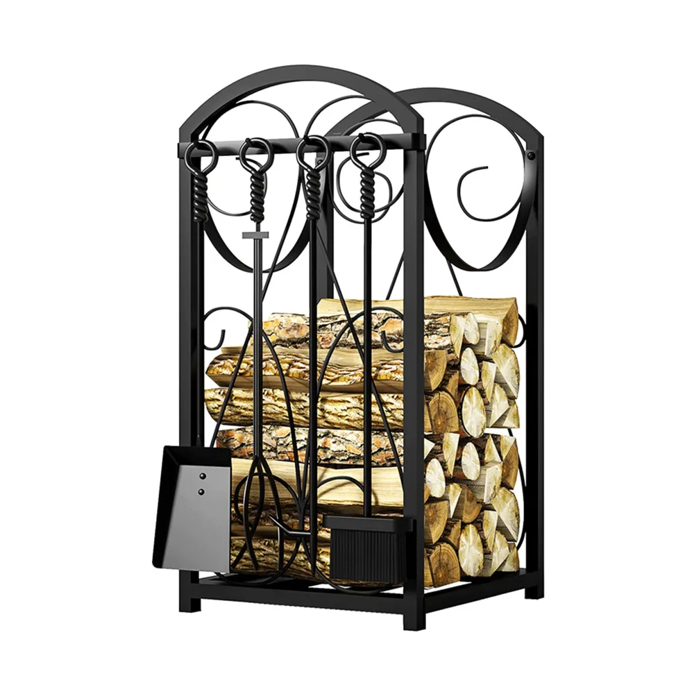 Wrought iron firewood rack Small log storage rack Indoor and outdoor firewood rack with tools Four-piece set Black high temperat