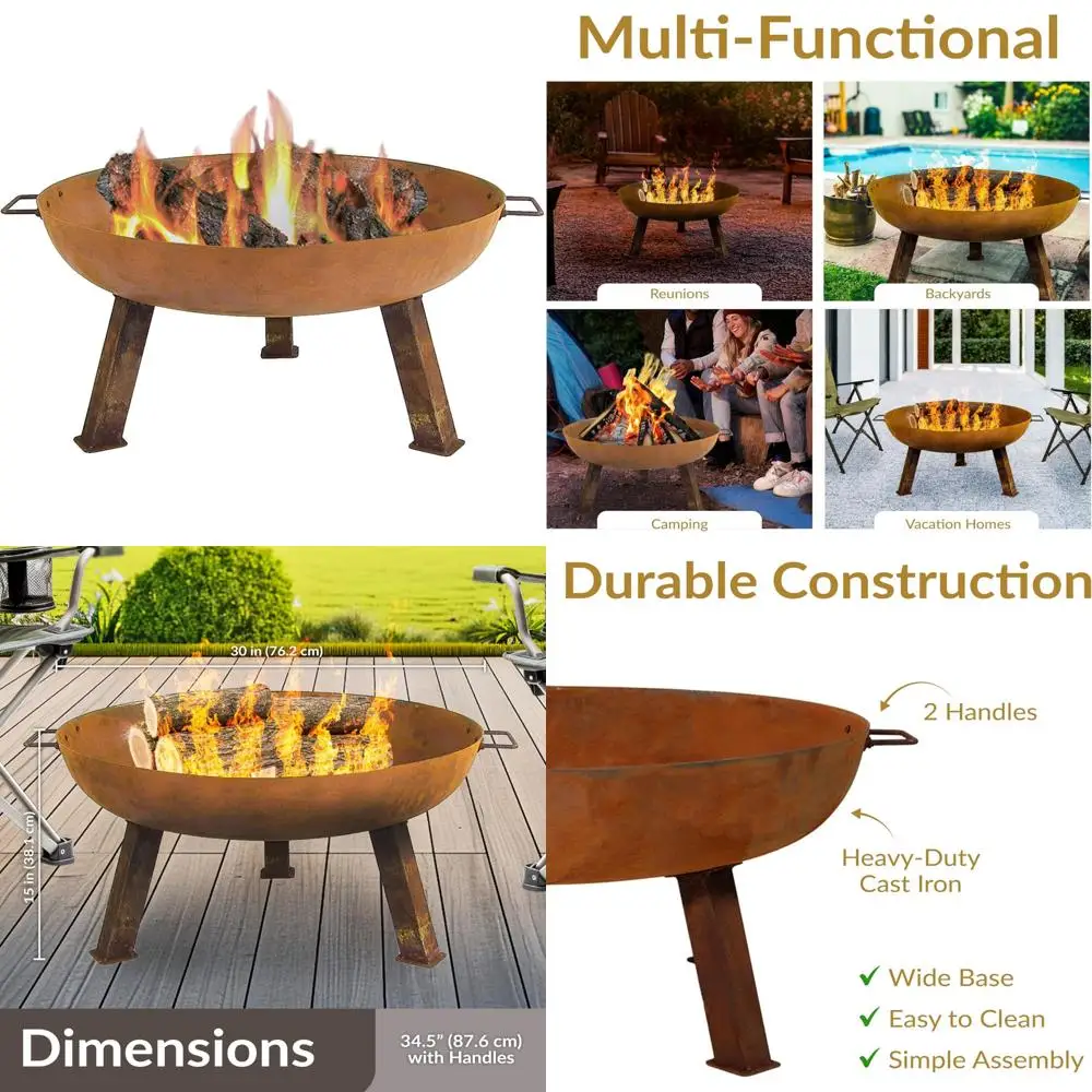 

Wood-Burning Outdoor Fire Pit Bowl - 30-Inch Heavy-Duty Cast Iron with Handles - Oxidized Finish for Backyard Gatherings