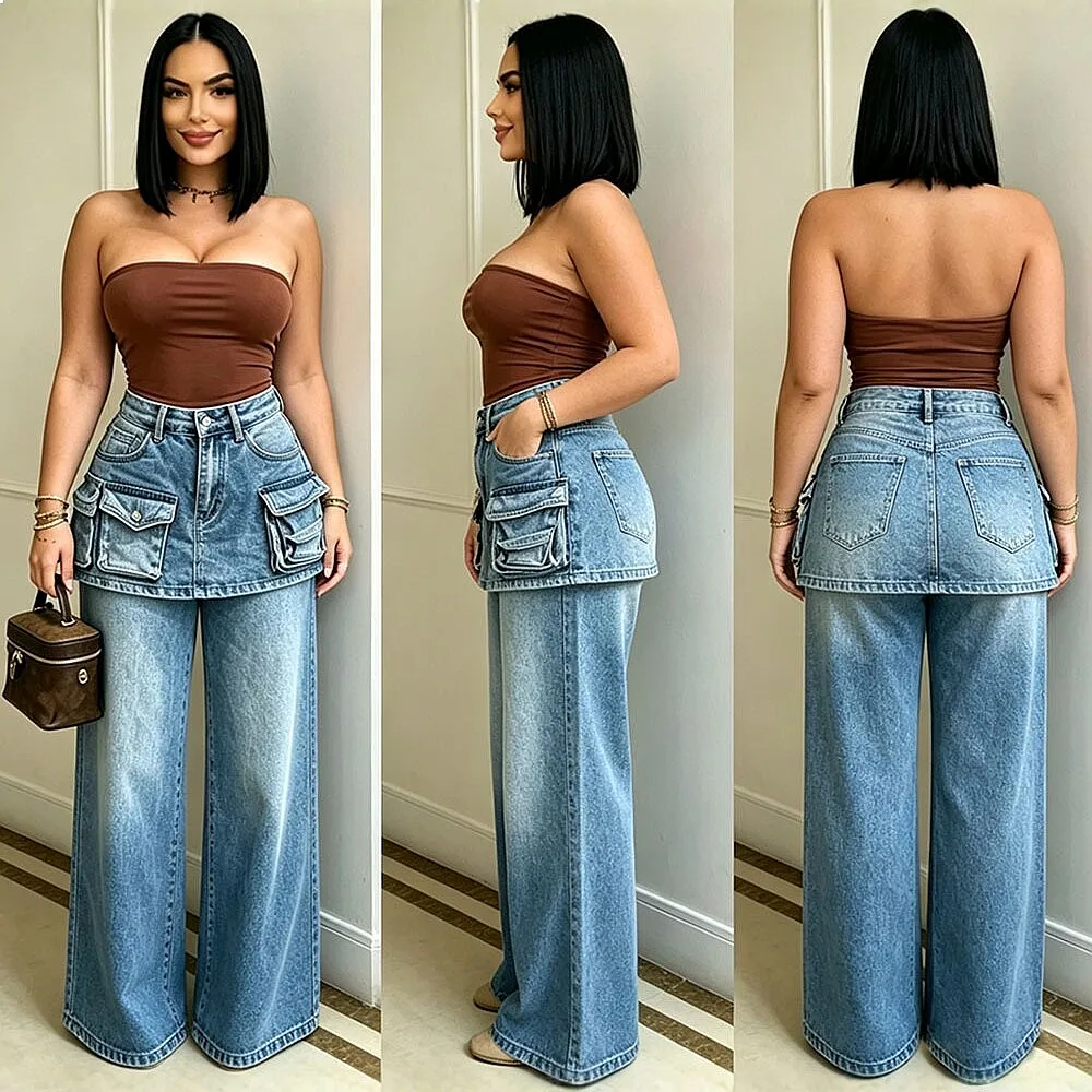 

High Waist Wide Leg Jeans for Women Fashion Multi Pocket Denim Pants Jumpsuit Overall Skirt Pant Sets