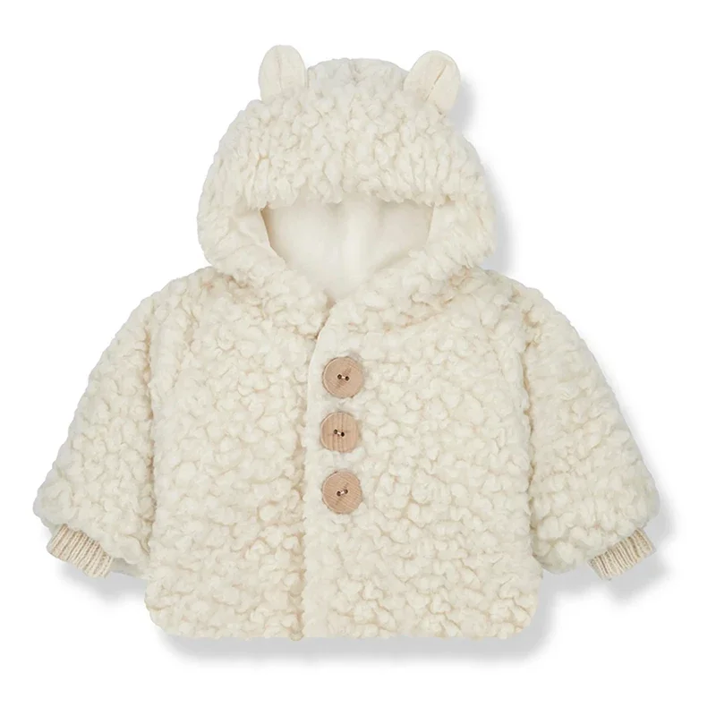 Chic Cute Lamb Fleece Children\'s Hooded Jacket 2024 Autumn And Winter New Warm Long-Sleeved Wooden Buttons Boys And Girls Coats