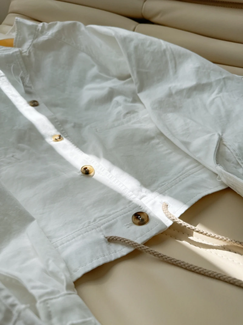 Waed Cotton Lightweight Stand Collar irt Jaet Dstring Waist ort Sle for Women Simple Faion Spring Season