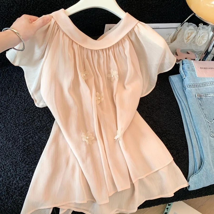 

Elegant Design Casual Short Sleeve Chiffon Shirt Women's Pullover Summer New Style Versatile Simple Match Any Bottoms Top
