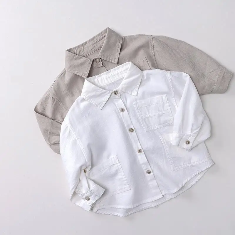 

2026 Spring New Children Long Sleeve Shirts Solid Boys Lapel Shirts Kids Girls Pocket Cardigan Baby Casual Tops Infant Clothes