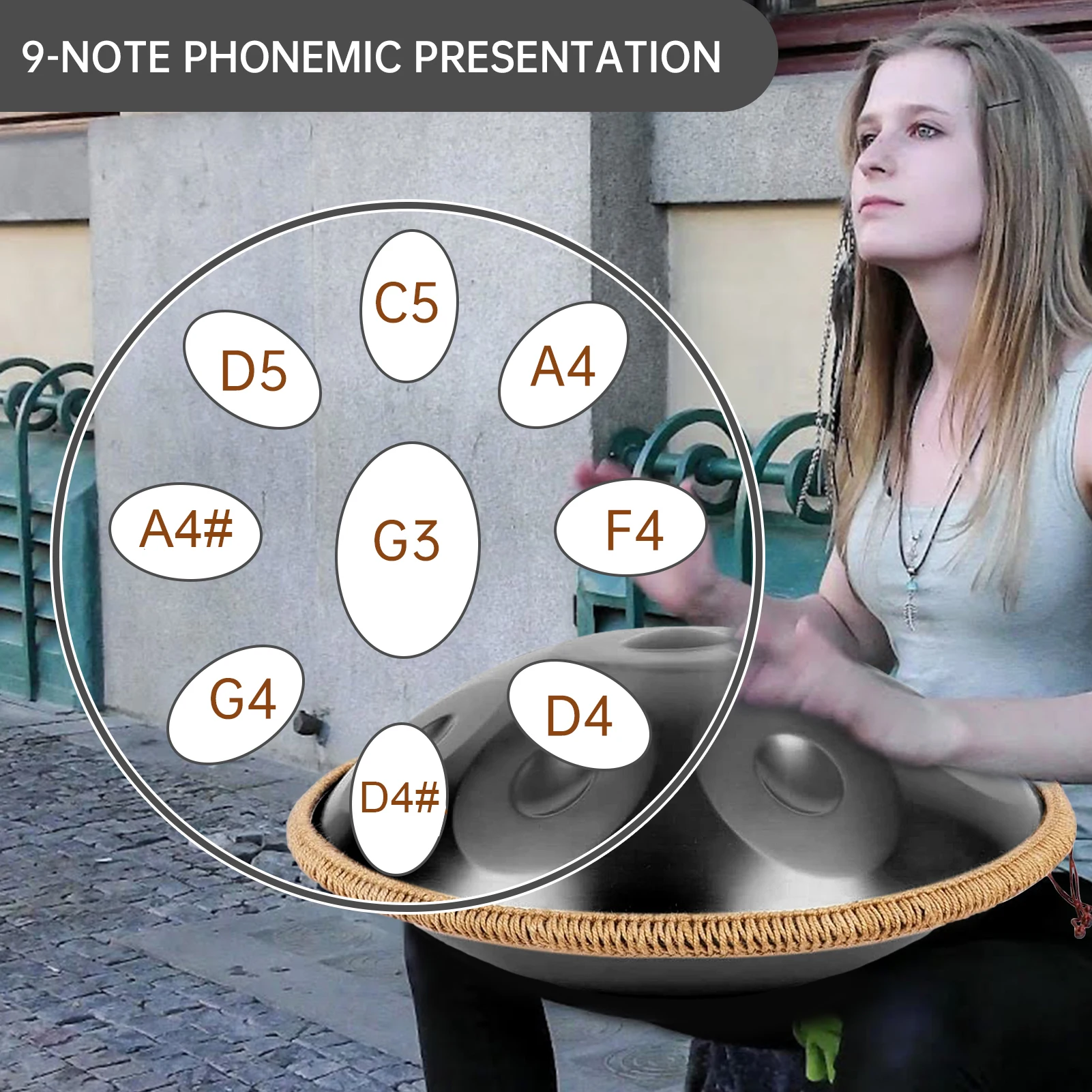طبلة يدوية G Minor 9 Notes 18 بوصة طبلة التأمل الآلات الموسيقية، مجموعة مقلاة محمولة للأطفال والأولاد والبنات والكبار