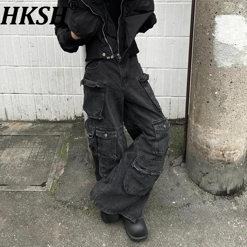 

HKSH American Heavy Multi-Pockets Patchwork Niche Design Safari Style Spring New Men Versatile Casual Flared Cargo Pants HK19287