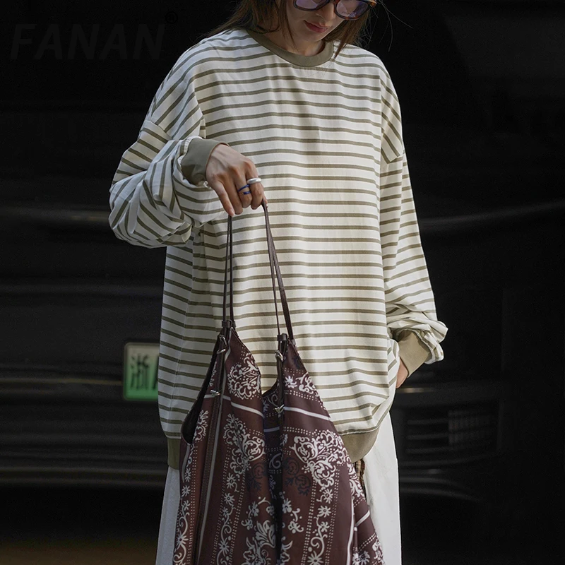 

FANAN Fashion Striped Contrast Color Long Sleeve T-shirt For Women Round Neck Korean Style Casual Loose Tops 2025 Autumn New