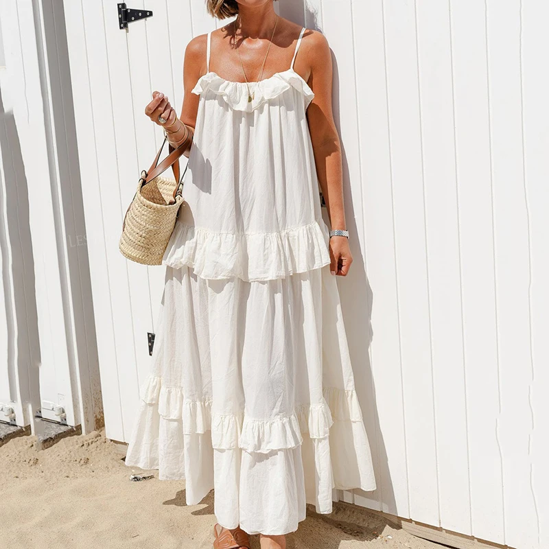 Women Summer Suspender Loose Beach Dress Elegant Pleated Big Hem Long Dress Casual 2025 Solid Color Layered Ruffle Party Dress