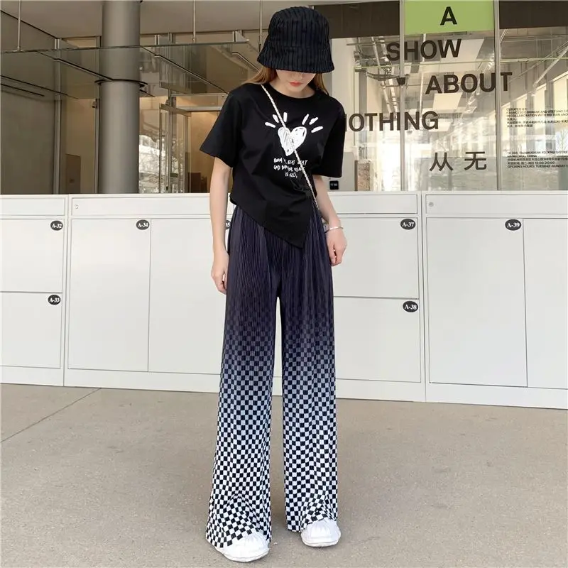 Gradient Checkerboard Plaid Pleated Wide-legged Pants High Waisted Women's Trouser Spring & Summer Pants Casual Loose Korean