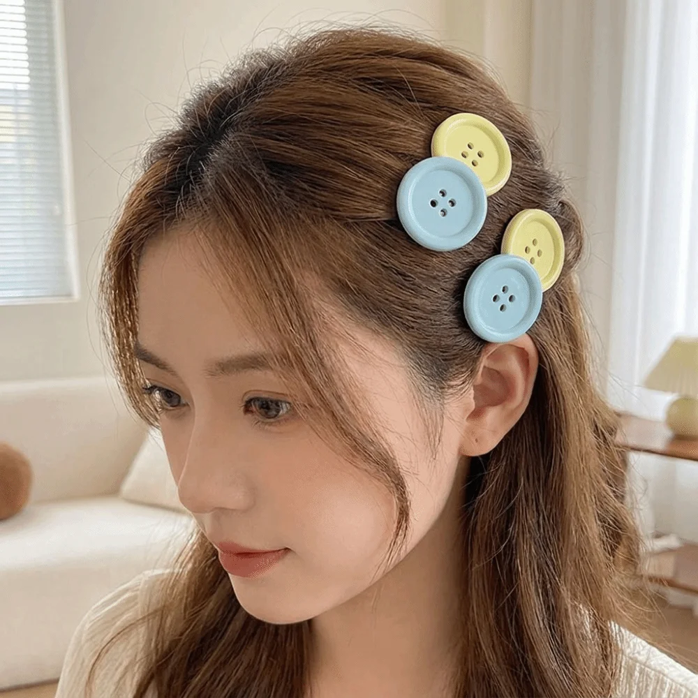 2pcs Lovely Oval Design Candy Color Hair Clip Sweet Non-Slip Button Shape Hairpins Lightweight Durable Cute Barrettes School