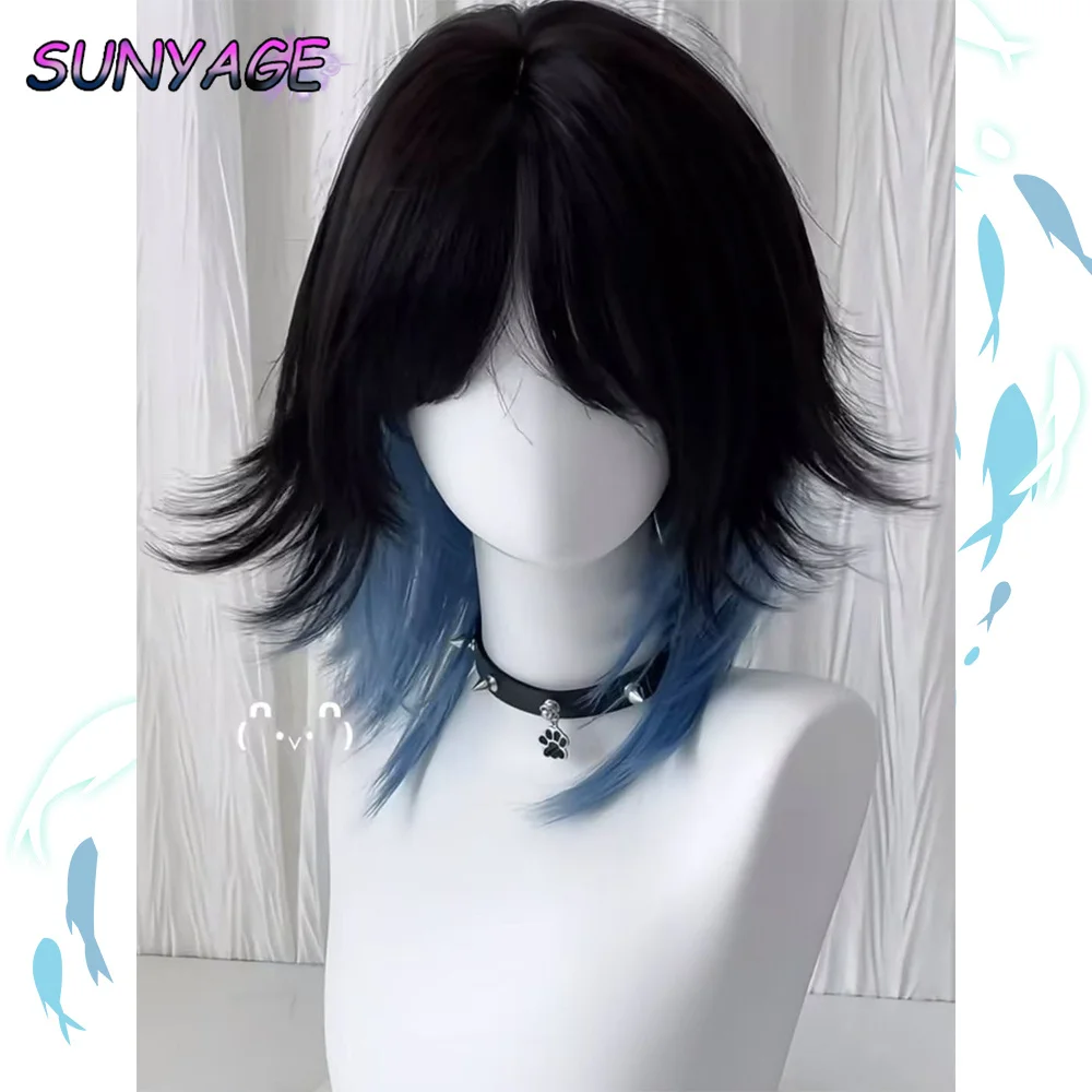 شعر مستعار صناعي برأس البوري باللونين الأسود والأزرق من SUNYAGE، شعر صناعي مفرود ومنفوش وذيل الذئب الطبيعي للاستخدام اليومي للحفلات التنكرية