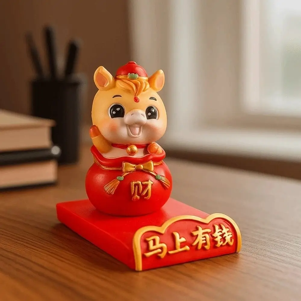 Resina artesanato leão dança ornamentos mascote festival decorativo cavalo ano estatuetas estilo chinês realista suporte do telefone móvel