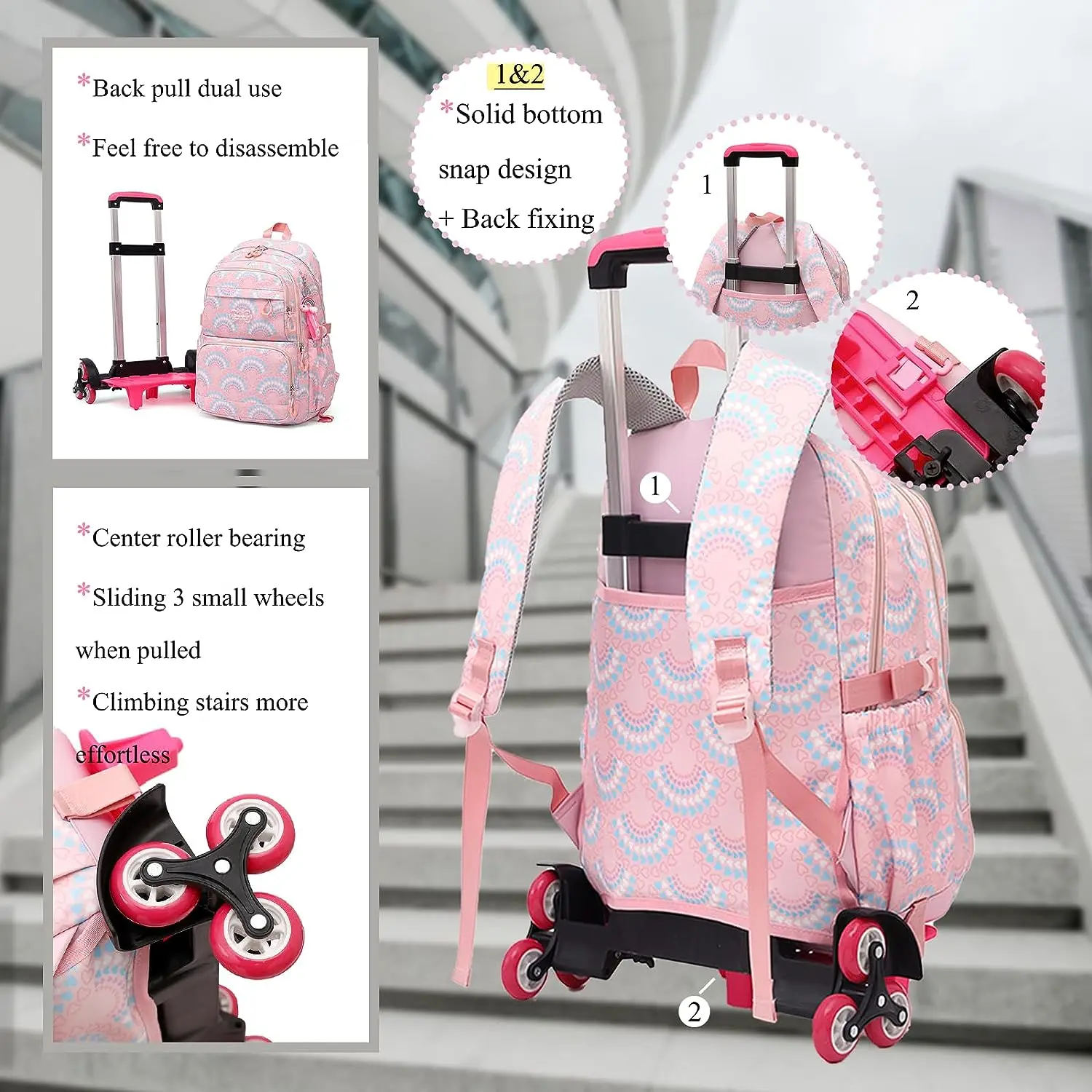 Girls Backpack Children Waterproof School Backpacks Rolling School Bags for with Wheels Middle School Trolley Luggage Back Pack