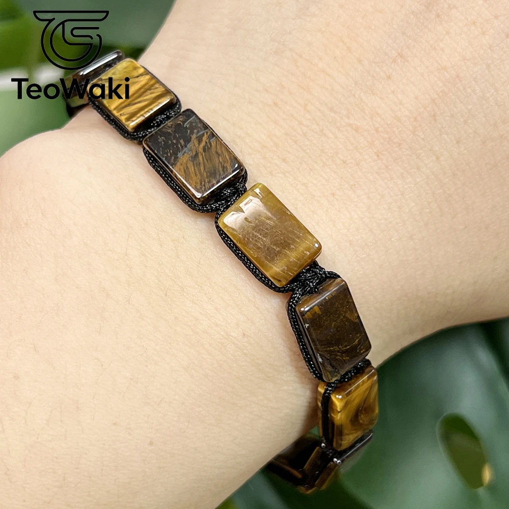 TeoWaki Natural Yellow Tiger Eye Pyramid Beads Braided Bracelet Adjustable Geometric Square Stone Bracelet Fashion Jewelry14+8cm