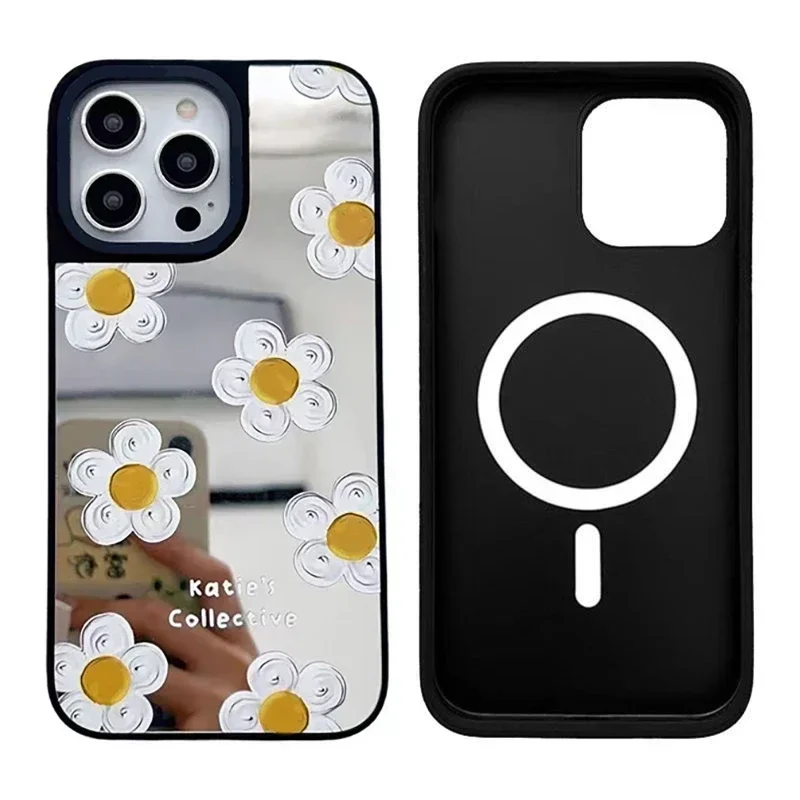 Flower Daisy iPhone 11 12 13 14 15 Pro Max Mirror Surface MagSafe Case Cover Shell