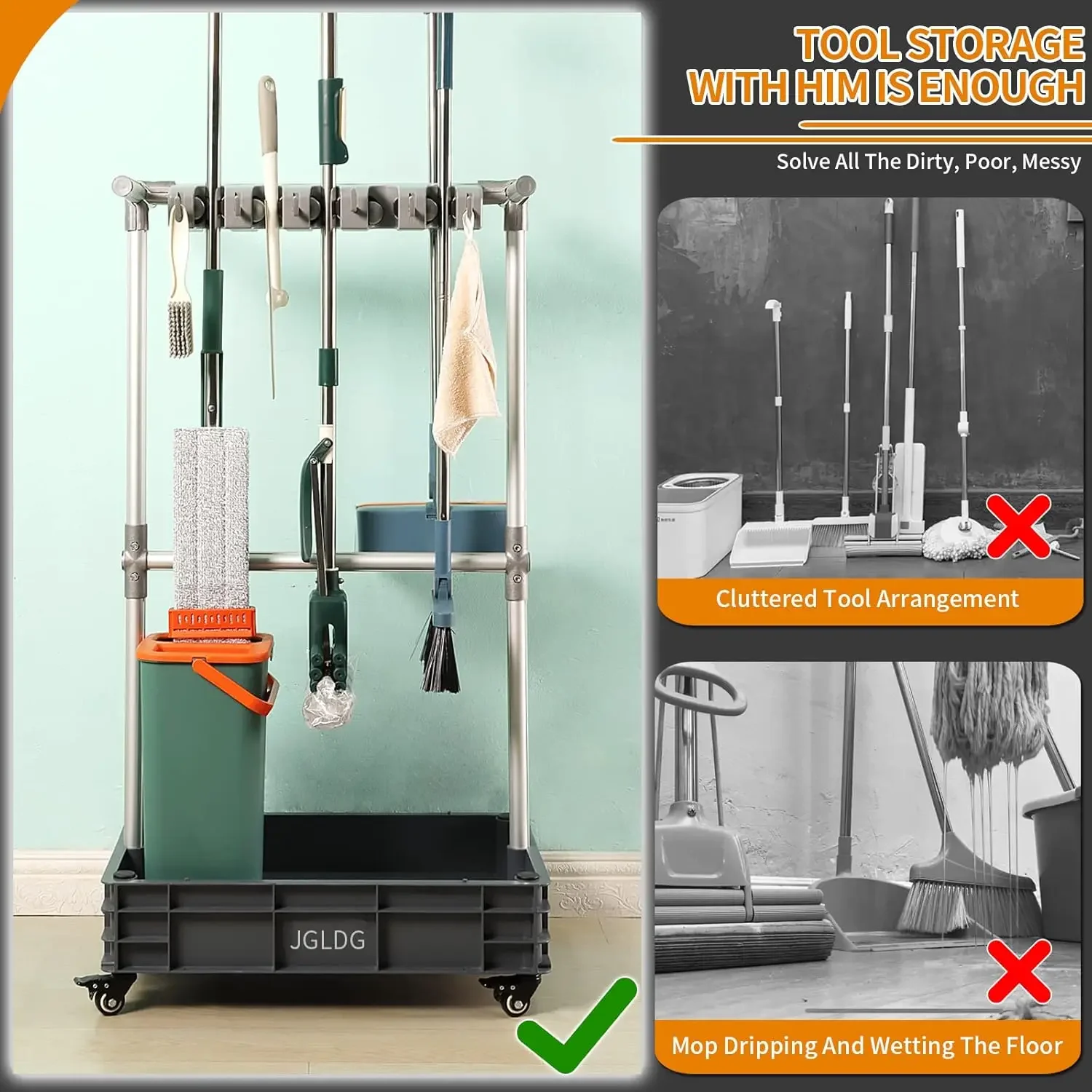 

Broom mop Holder Cleaning Supplies Organizer Janitor carts on Wheels Housekeeping Station Storage Tools
