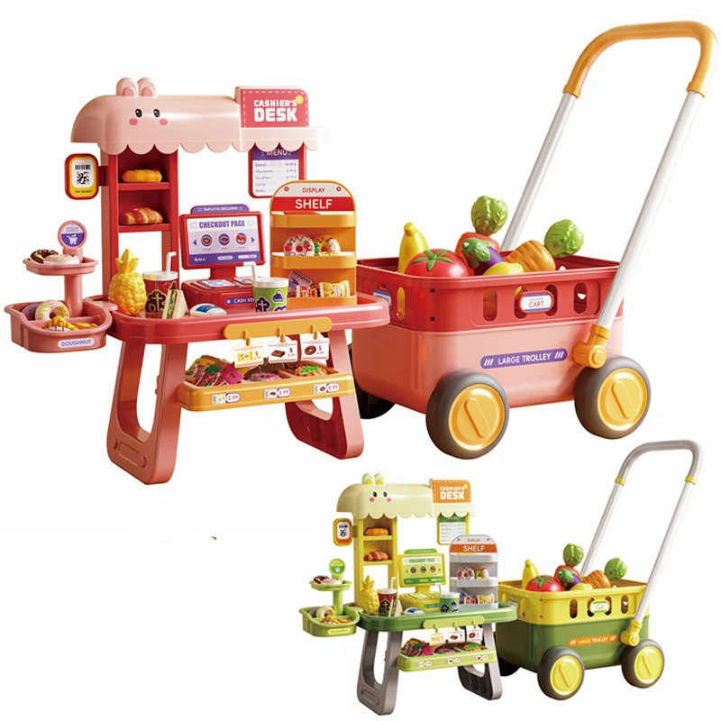 Carrello della spesa Giocattolo Carrello piccolo per bambini Casa da gioco per bambini Taglio di frutta Musica Cucina Supermercato Uomini e ragazze Giocattoli per l'educazione precoce