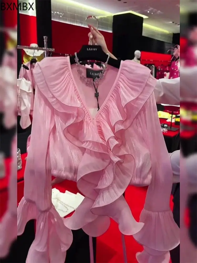 French  V-neck chic ruffle edge flared sleeve long-sleeved shirt women's 2025 early spring new age-reducing shirt