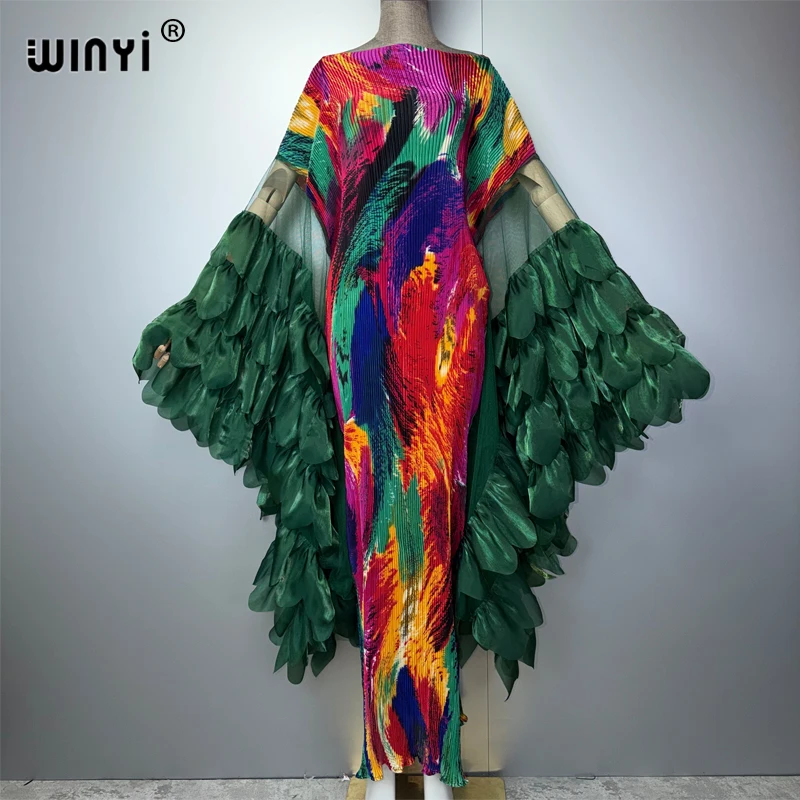 WINYI Pleated Elastic Slim Dress Beach Cover Up Kaftan Abaya Dubai Luxury Party Dress Crimping Evening Dress Abaya Muslim Woman