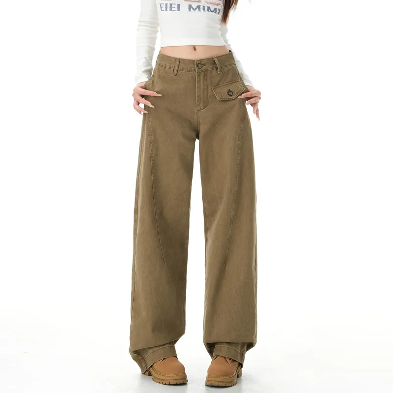 

Винтажные прямые мешковатые джинсы цвета хаки с высокой талией, женские модные осенне-зимние повседневные свободные потертые повседневные джинсовые брюки 2023 Mujer